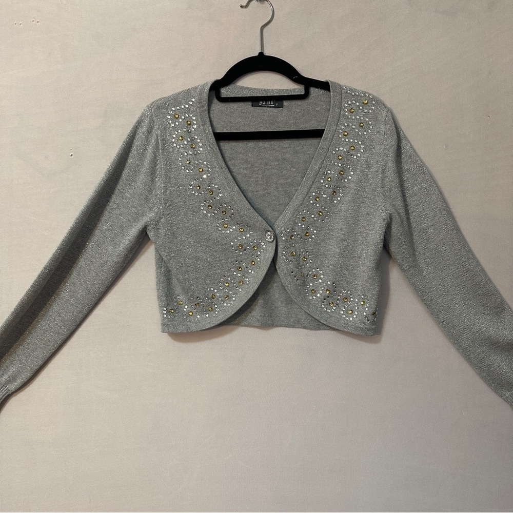Wanko Gray Knit Shrug with Beaded V-Neck (S/M)